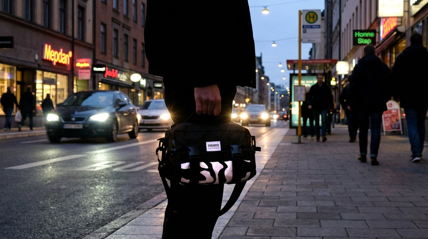 Individual holding Enganyo Convertible Bag in a busy city scene at dusk.