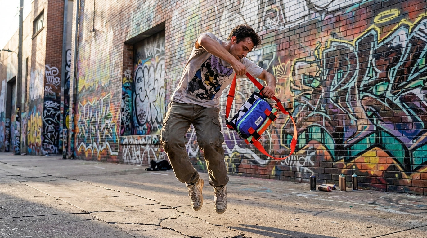 A swift, smooth transition of the Enganyo bag into a backpack, symbolizing adaptability in a vibrant, urban setting.