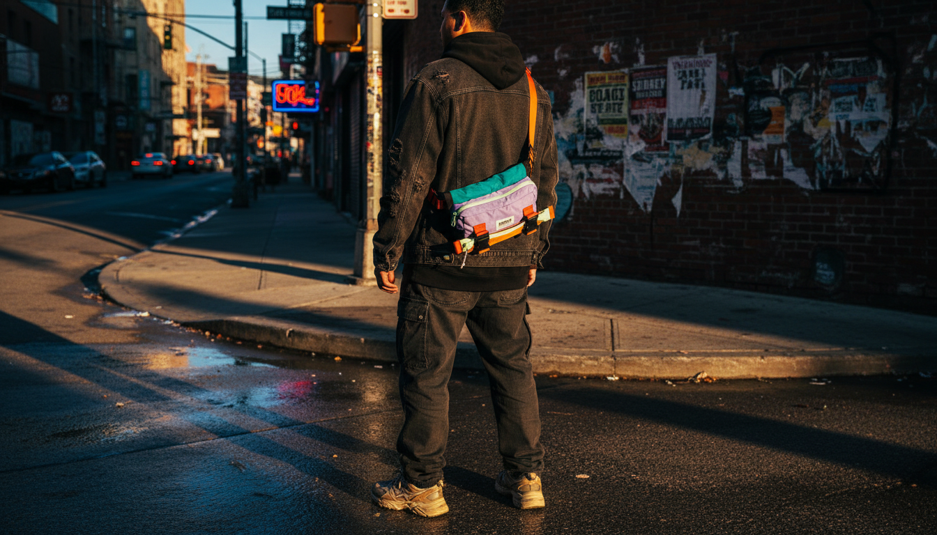 person wearing the Enganyo convertible bag across the chest, urban street scene
