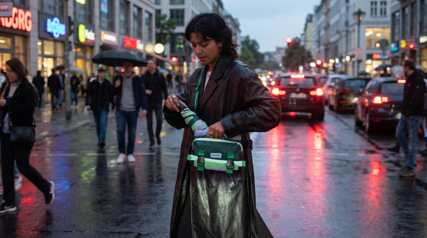 Woman navigating a busy city street with an Enganyo Convertible Bag, pulling out an umbrella from it.