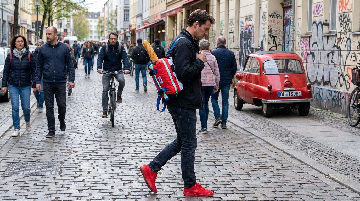 Man walking on an urban street, wearing a red Enganyo Convertible Bag in backpack mode.