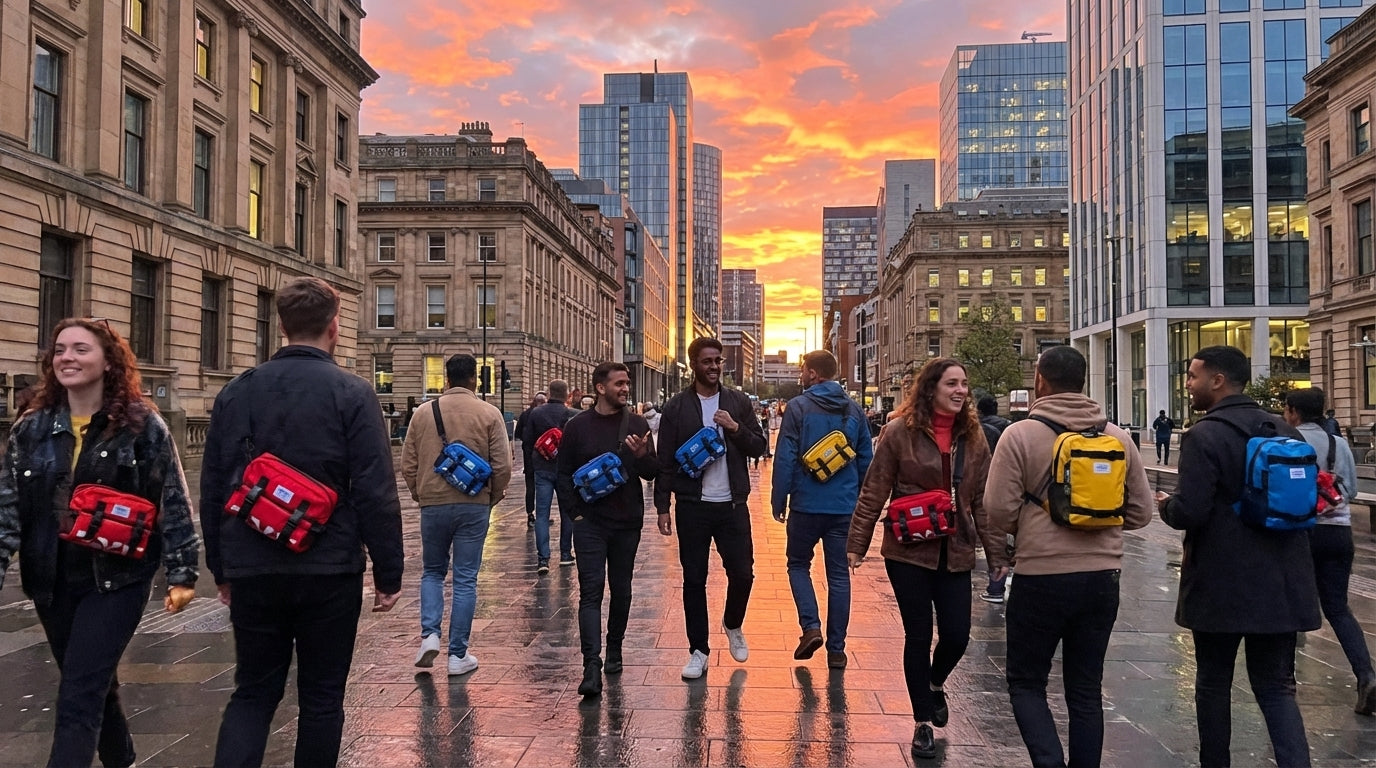 People of various gender identities carrying the Enganyo Convertible Bag on a vibrant city street.