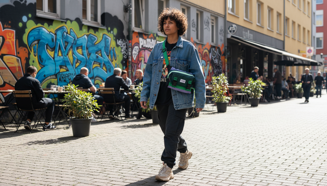 A stylish person with an Enganyo convertible bag in an urban setting