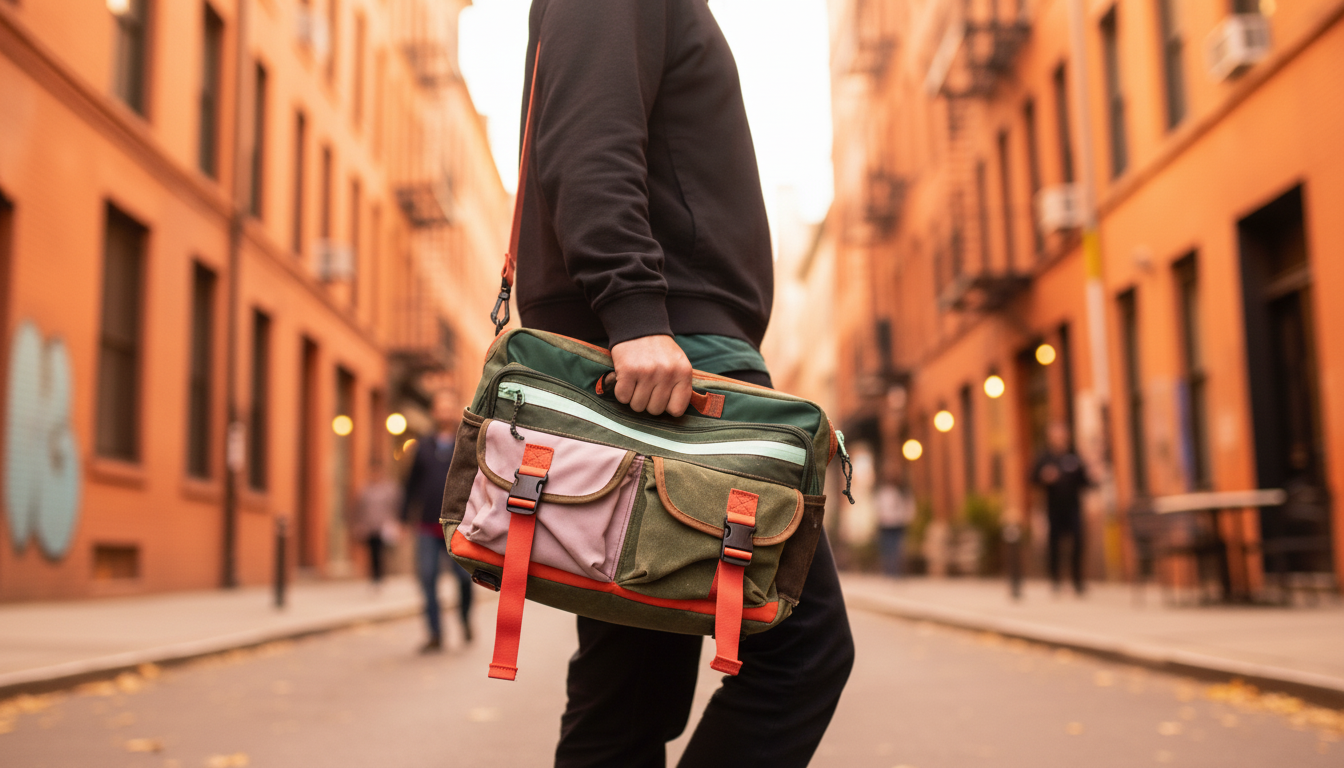 A person carrying a versatile Enganyo Convertible Bag in a busy urban street.