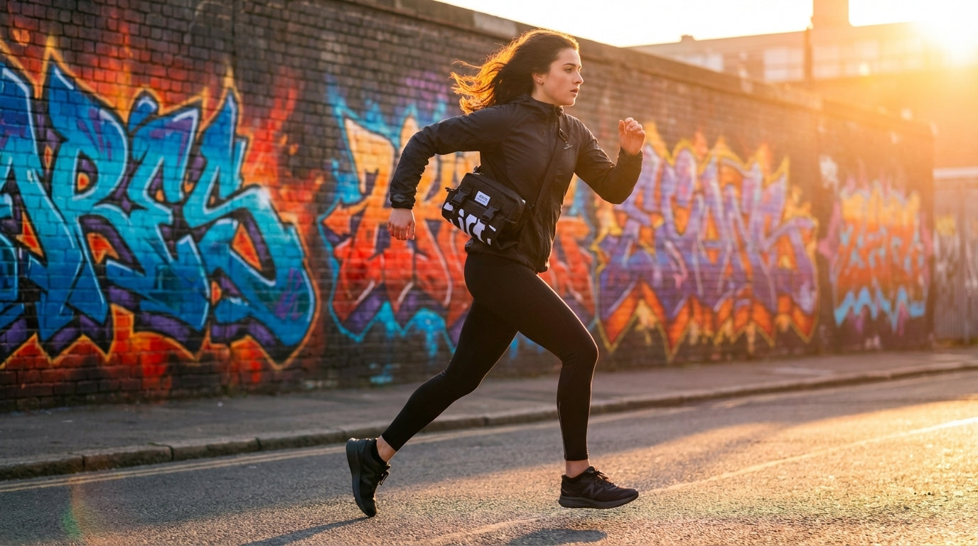 Young woman running down a colorful city street, her compact Enganyo Convertible Bag in crossbody style catching the light.