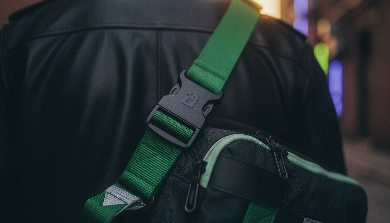 urban street shot of person wearing the convertible Enganyo bag as crossbody and backpack