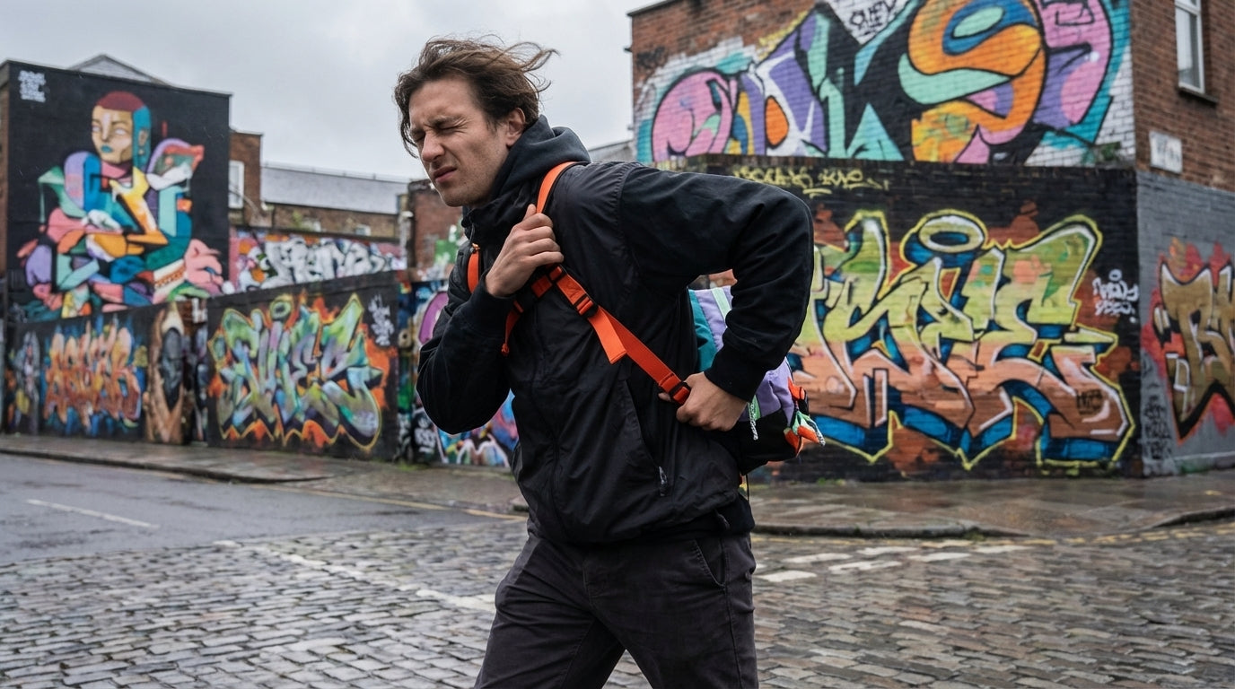 Person adapting Enganyo Convertible Bag from crossbody to backpack on an urban street.