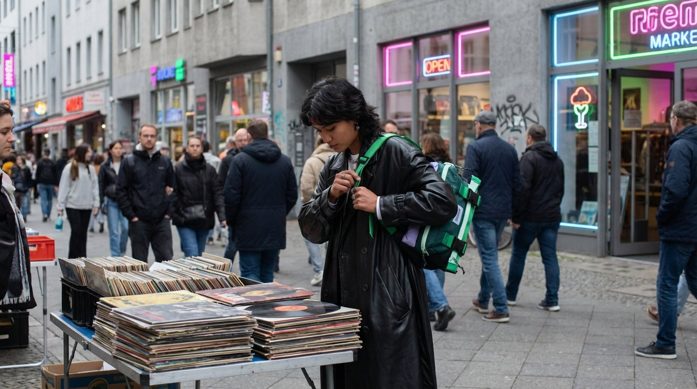 Person on an urban street transforming their Enganyo bag from crossbody to backpack, to carry a pile of vinyl records.