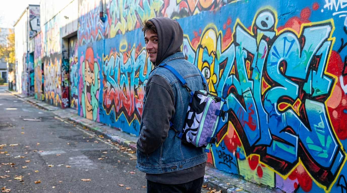Person carrying Enganyo Convertible Bag standing against urban street graffiti wall