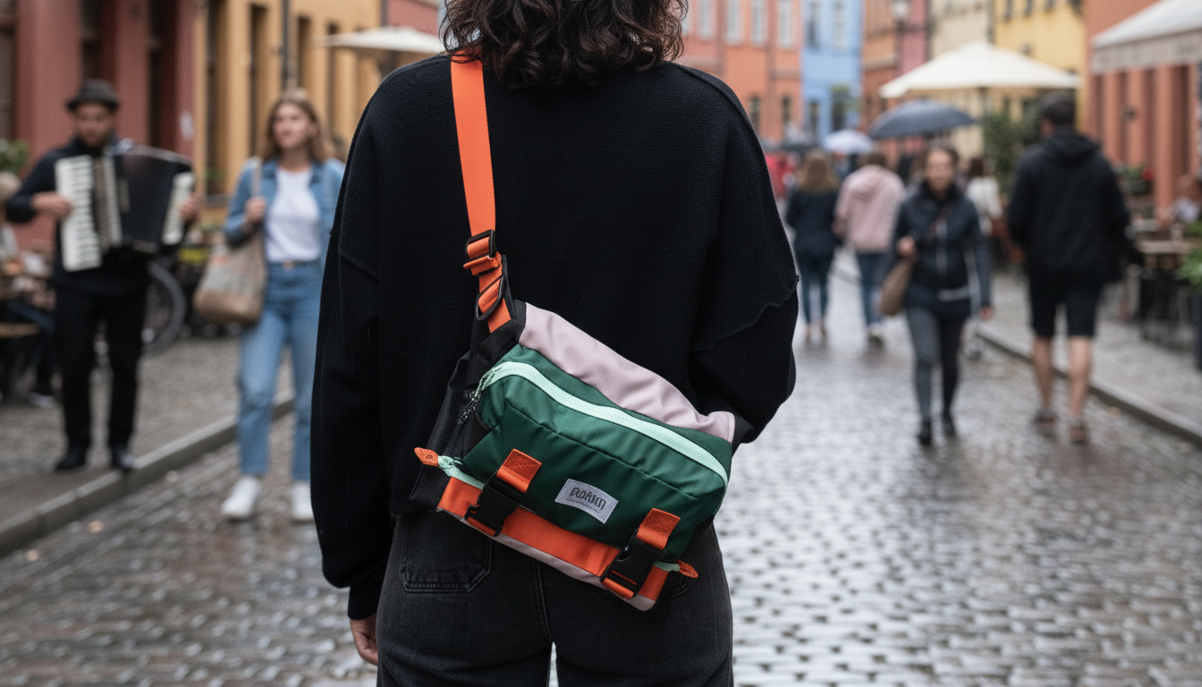 Person carrying a 2-in-1 bag in urban cityscape, showing the bag's adaptability in a vibrant environment.