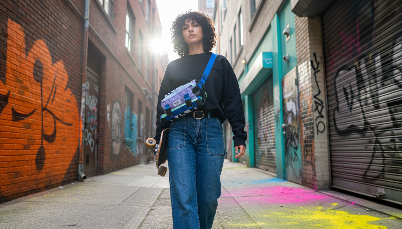 Travel crossbody bag in an urban environment, highlighting its versatility and style.