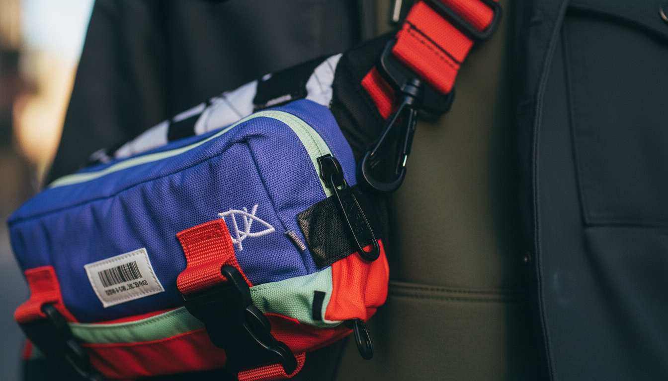 Person wearing a convertible belt bag in urban street setting, bag shown at hip and slung across chest