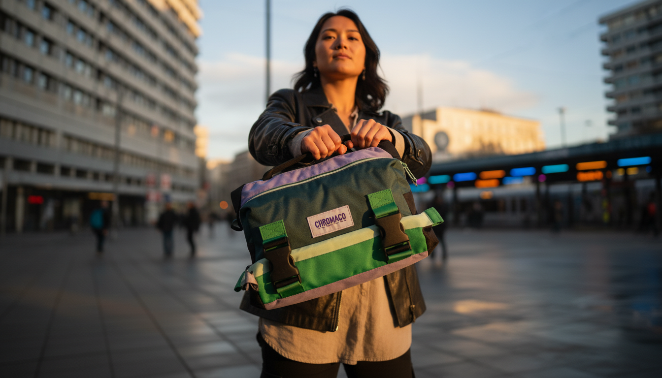 urban commuter wearing the Enganyo convertible bag, shown as crossbody and backpack in a city plaza