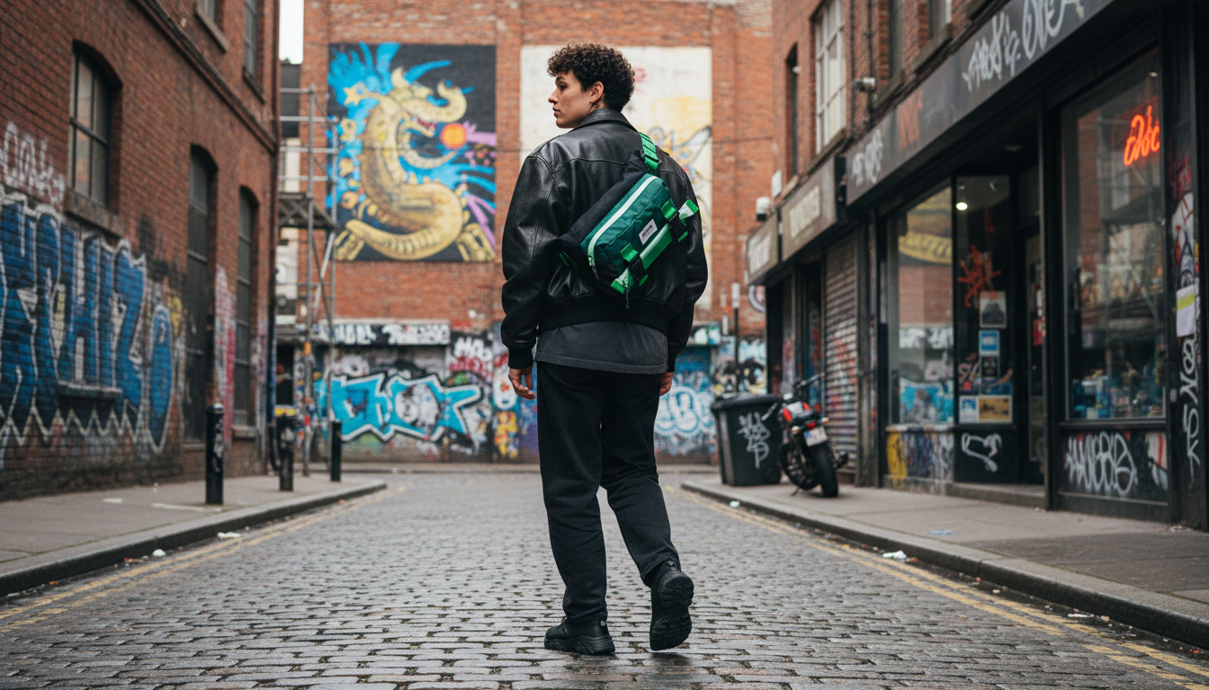 A stylish urban scene with a person carrying an Enganyo convertible bag, showcasing versatility and modern design.