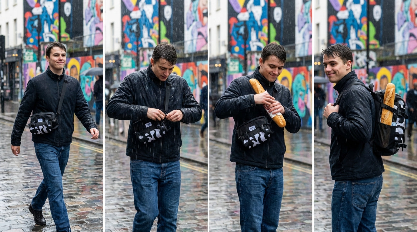 Dynamic transformation of Enganyo bag into a backpack on a bustling city street amidst a sudden downpour.