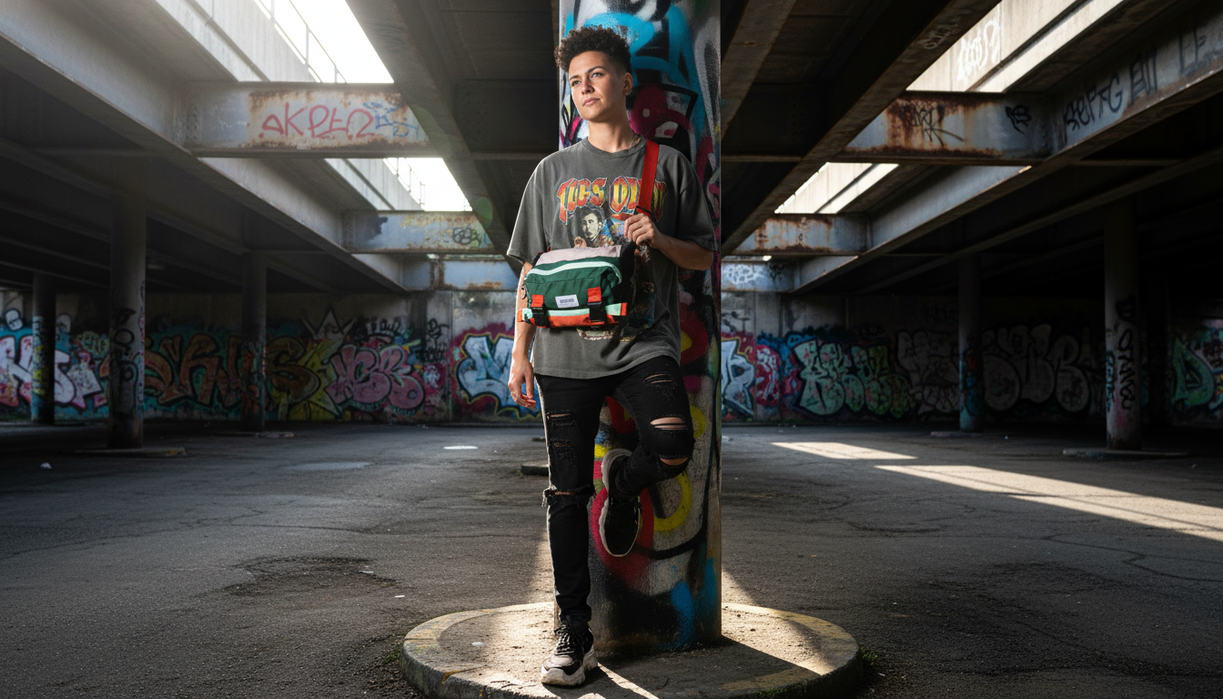 A person wearing a stylish hip bag in an urban setting