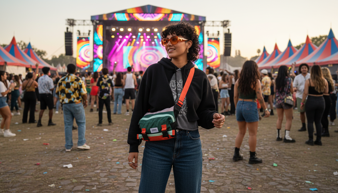 A stylish festival bag displayed in an outdoor festival setting, showcasing its versatility and design.