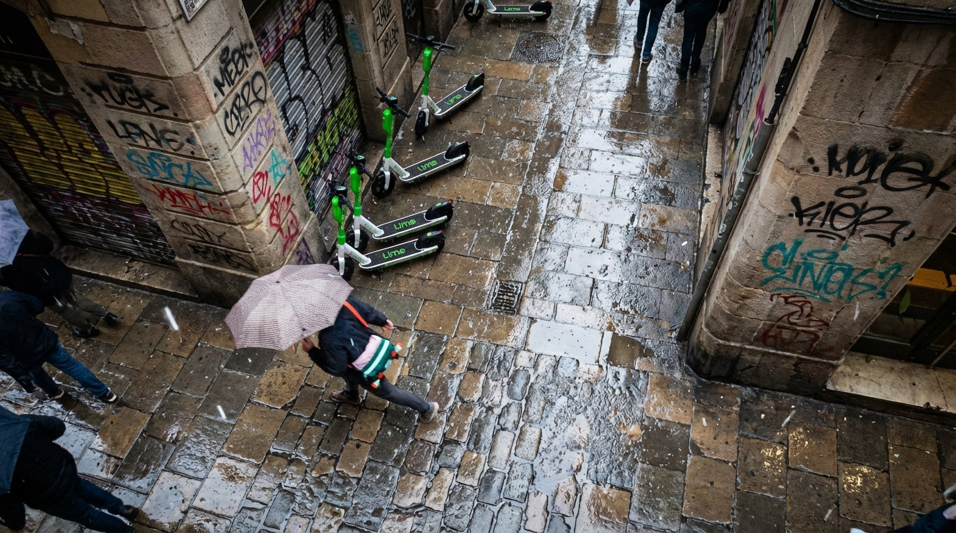 Hands-free bag in a vibrant urban alley, on the move in the rain