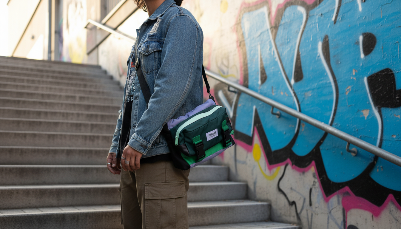 urban street portrait showing the Enganyo convertible bag worn as a crossbody with gritty textures and neon reflections