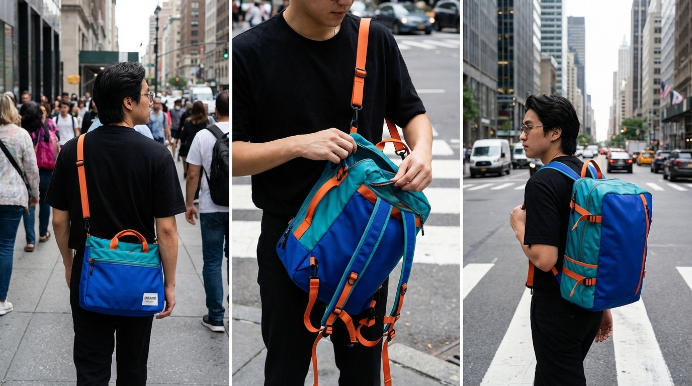 City scene featuring a person converting a cobalt blue bag from a crossbody to a backpack