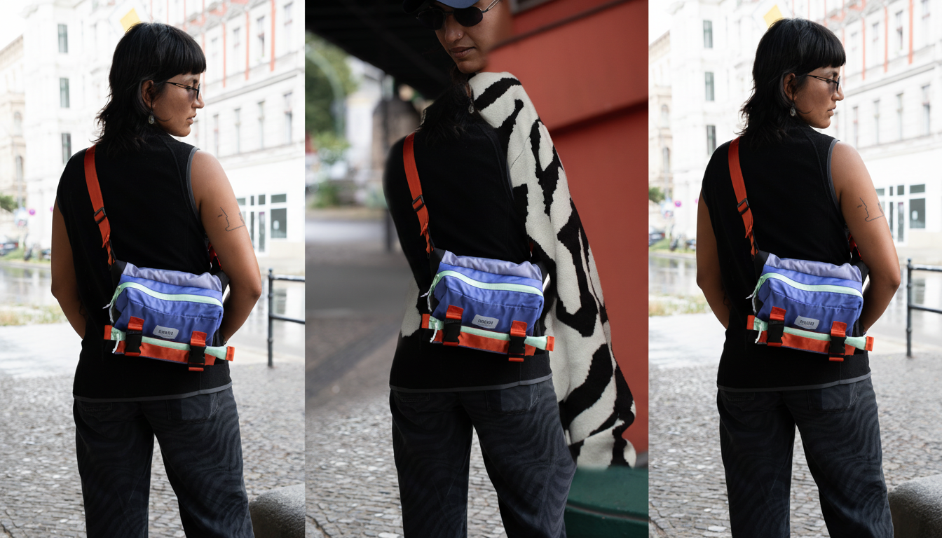 A person carrying an Enganyo convertible bag in an urban setting