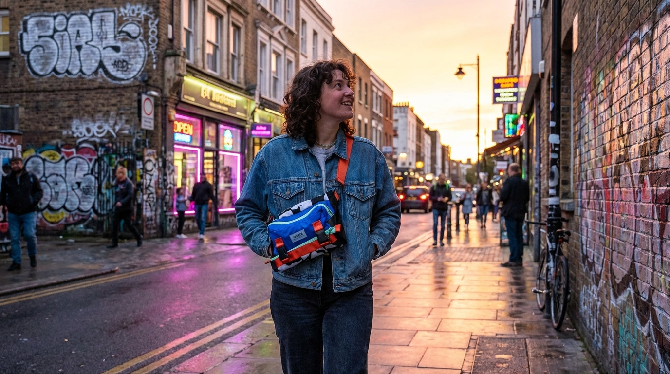 Person navigating a busy city street at sunset, with an Enganyo convertible bag draped across their body.