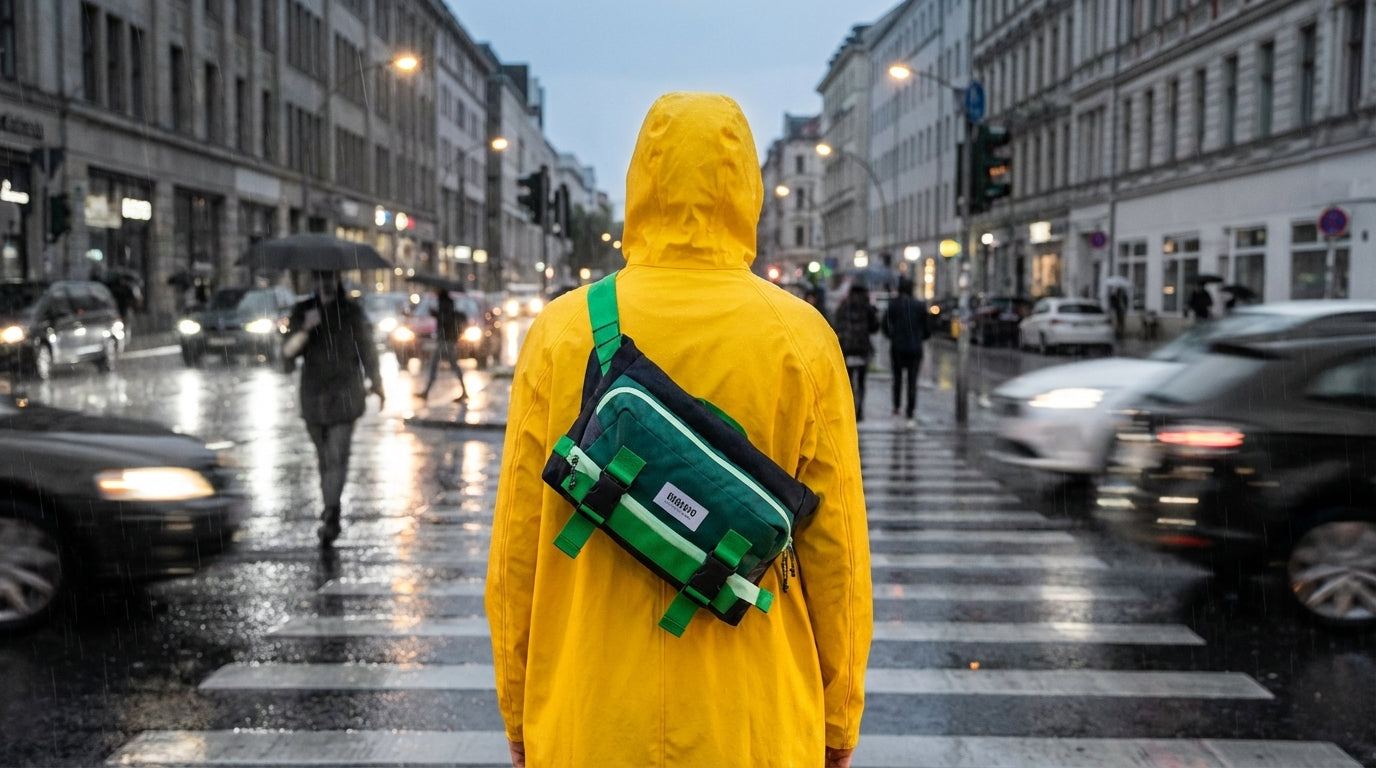 Person in a vibrant raincoat carrying an Enganyo Convertible Bag in a bustling city scene at dusk.