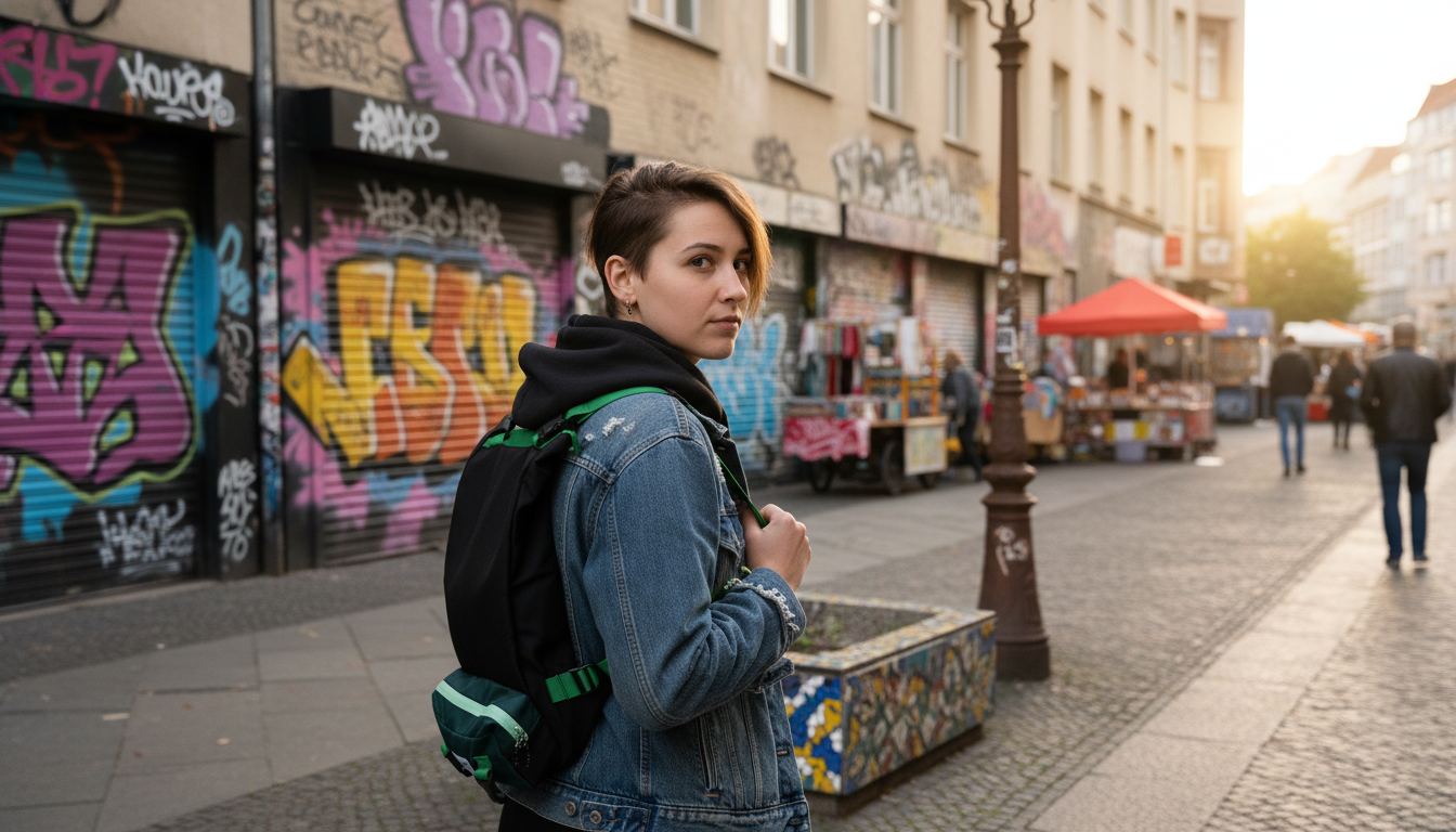 Person in urban setting with a convertible crossbody backpack