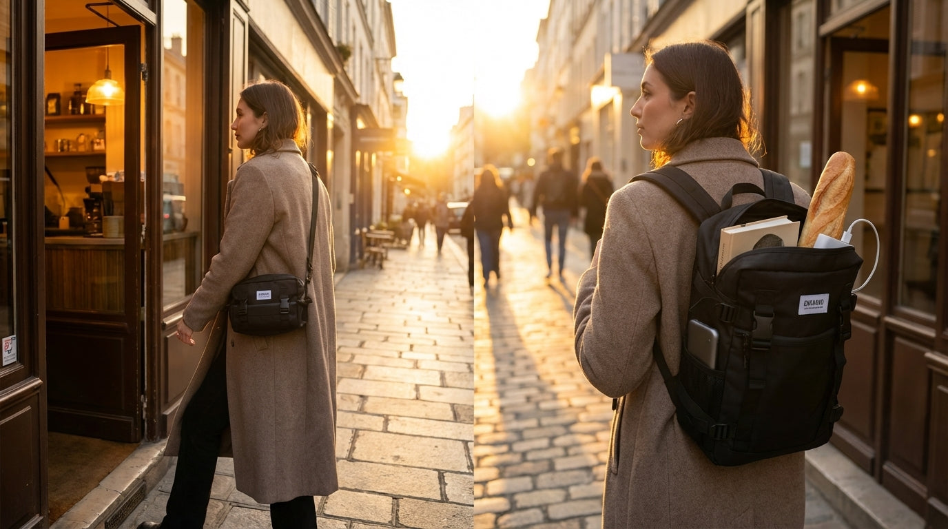 Model transforming Enganyo Convertible Bag from crossbody to backpack in urban street scene.