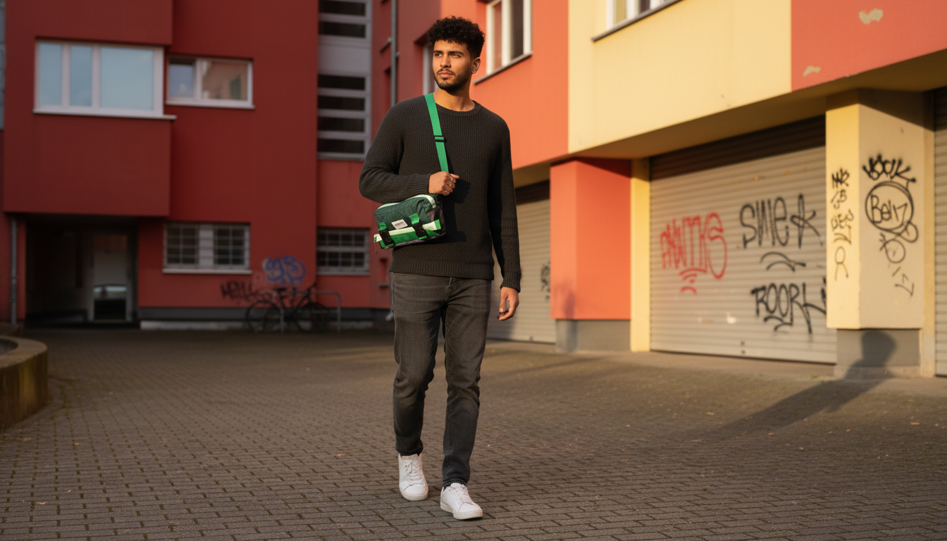 A stylish minimalist backpack in an urban setting