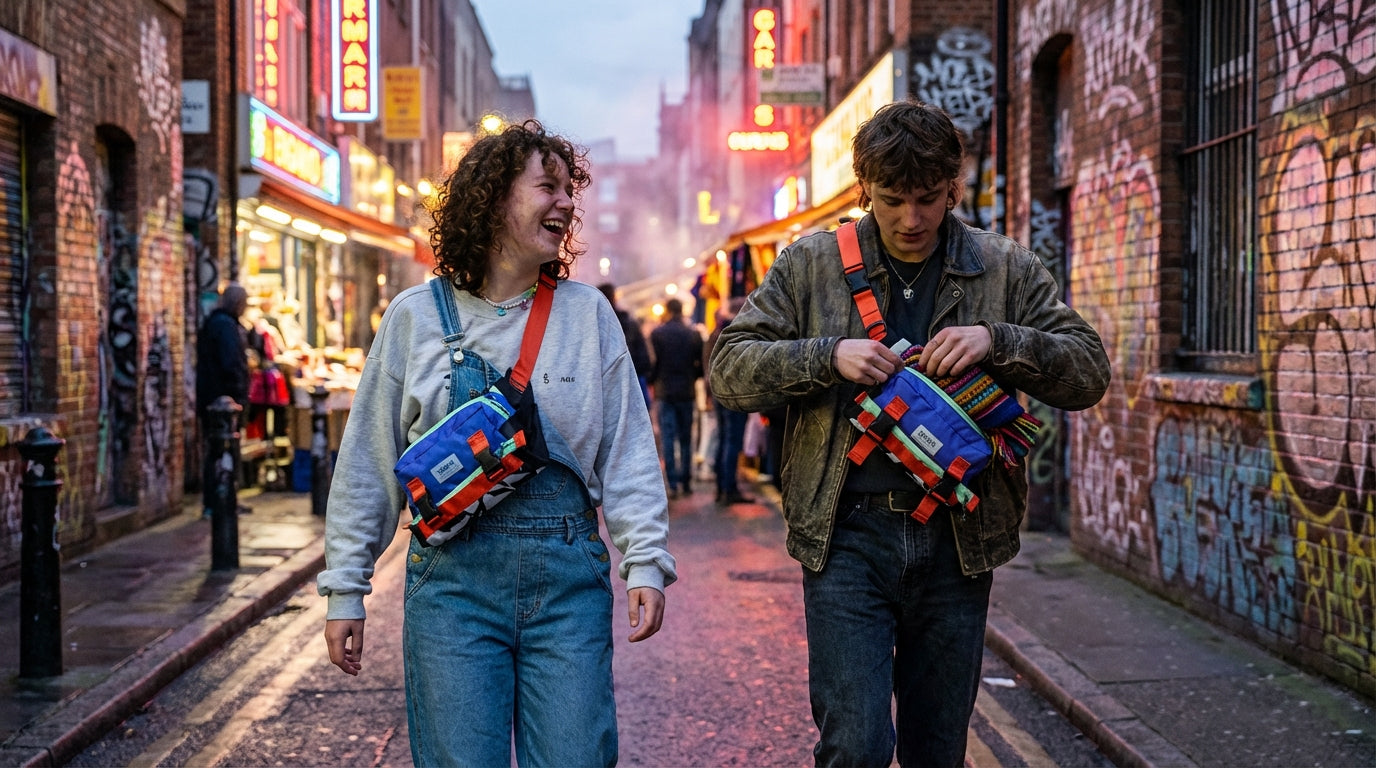 Two people in a vibrant city street at dusk, one turning an Enganyo Convertible Bag from crossbody to backpack on the go.