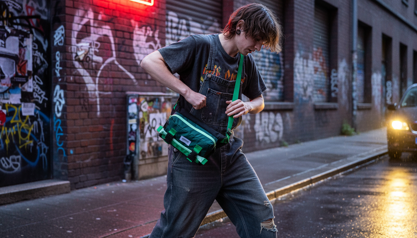 A person in an urban setting with a stylish sustainable bag that converts from crossbody to backpack.