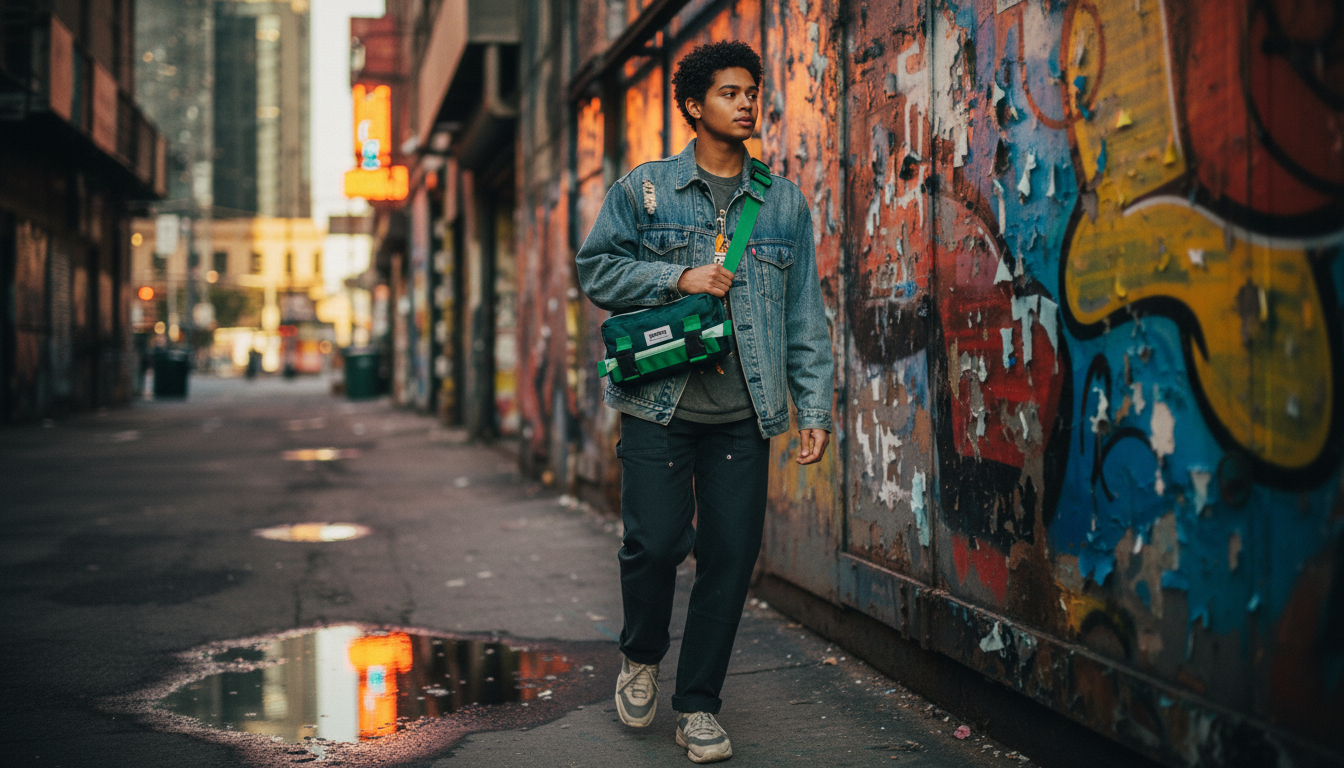 street style shot of the Enganyo convertible bag worn crossbody against a textured urban wall
