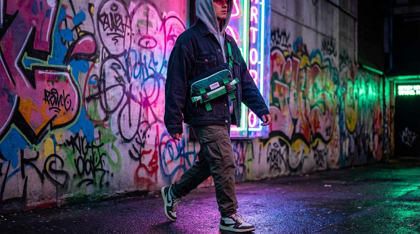 Urban dweller walking by a graffiti wall with a glowing Enganyo Convertible Bag across their body.