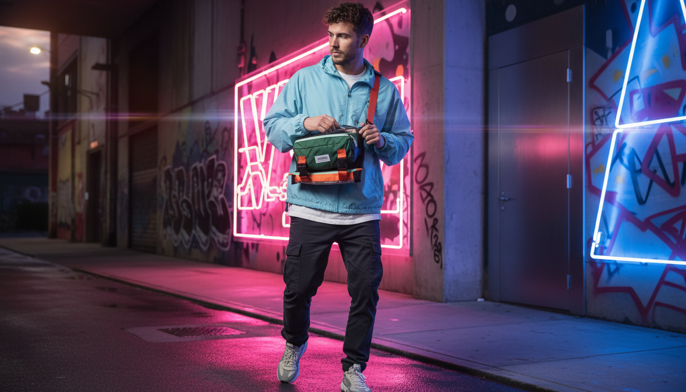 Enganyo convertible bag displayed in an urban setting, showcasing its versatility.