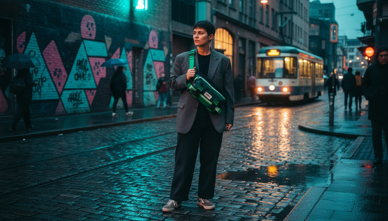 urban street portrait of person wearing the same convertible Enganyo bag as a crossbody