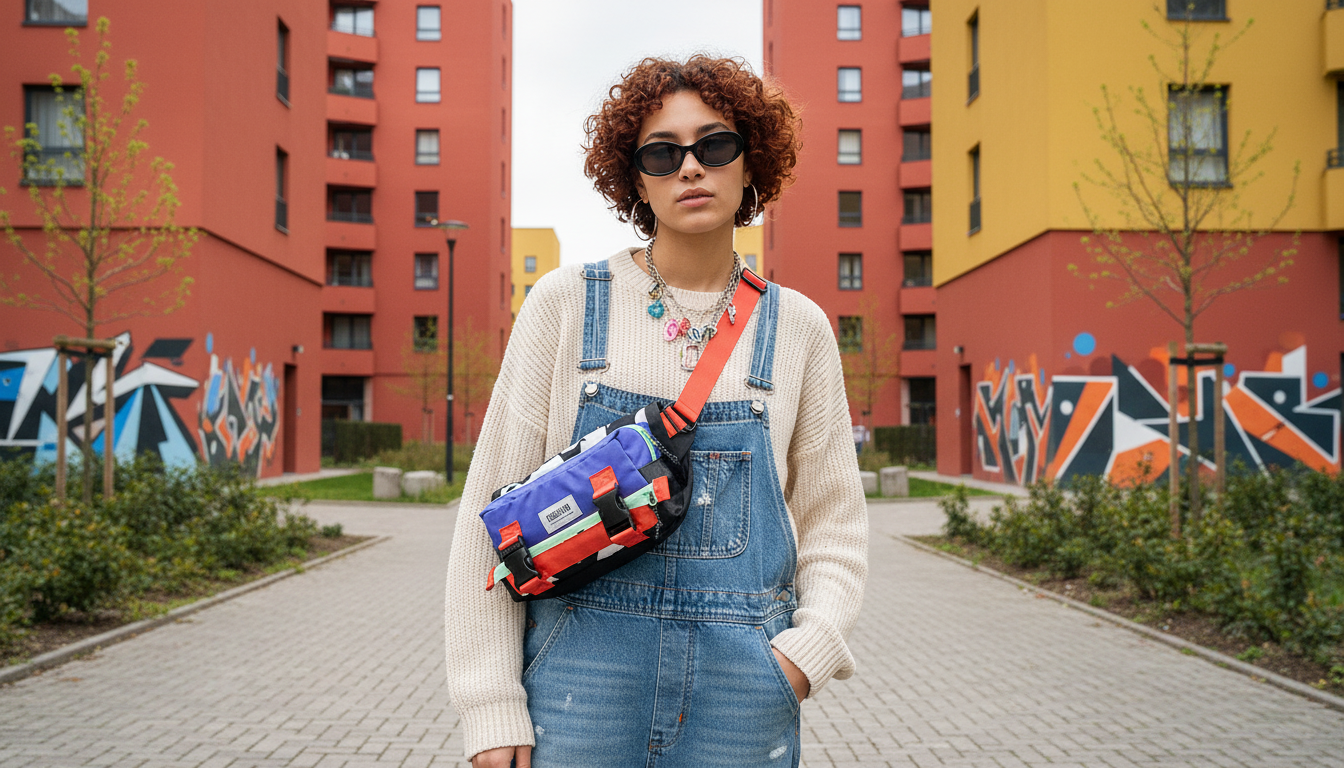 A stylish backpack showcased in an urban setting with vibrant street art.