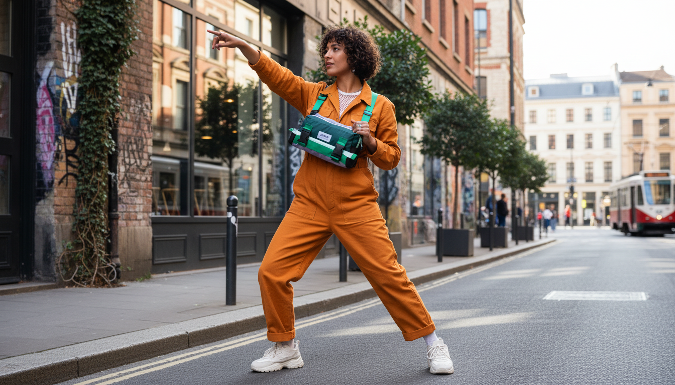 A stylish individual in an urban setting with a convertible bag that transitions from crossbody to backpack.