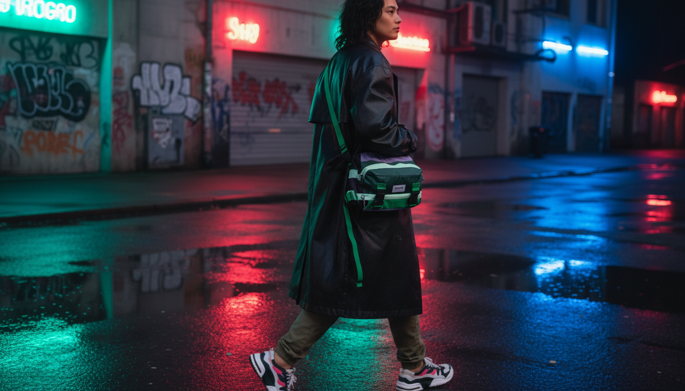 streetwear courier with the convertible bag in adaptable crossbody to backpack mode, urban night scene