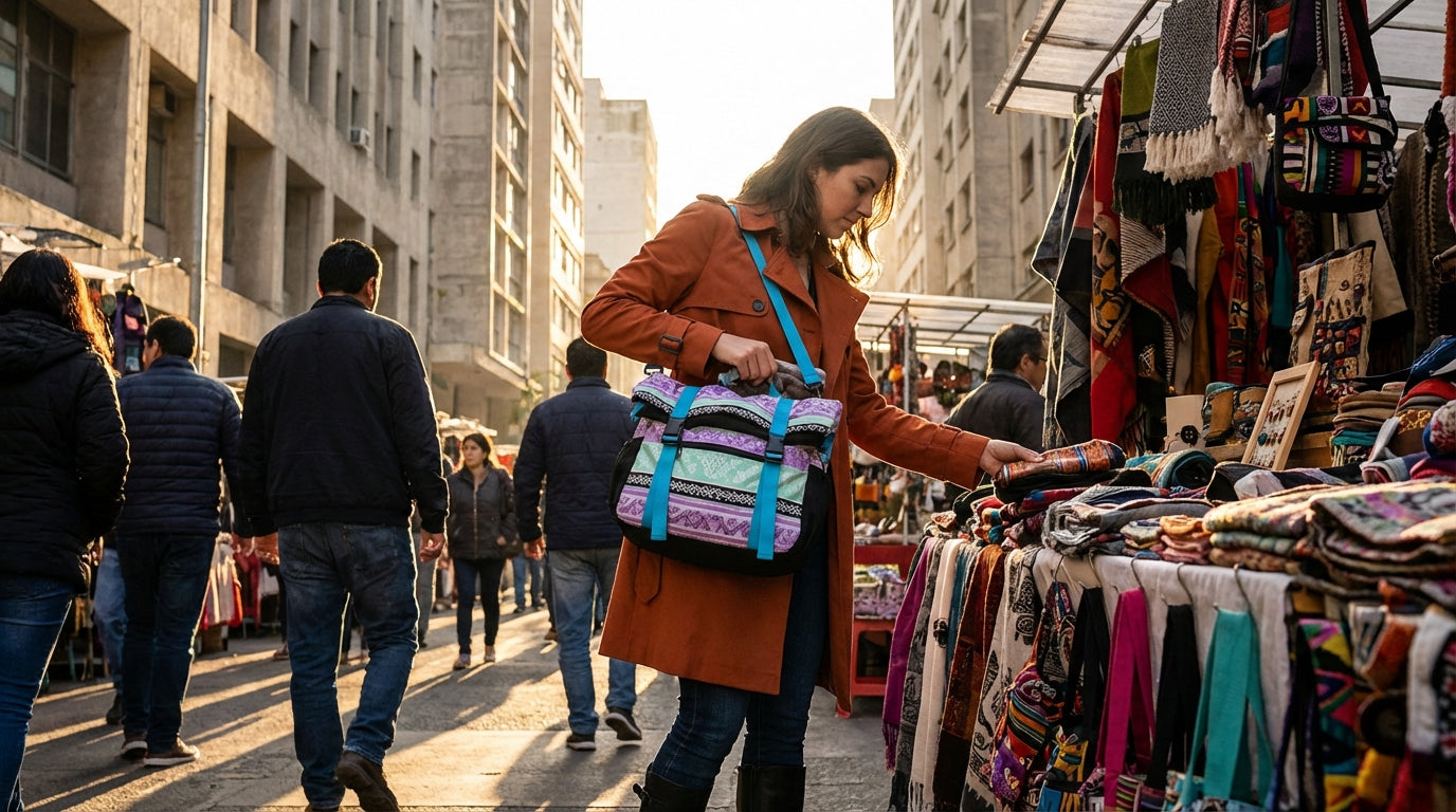 Woman with a convertible travel bag shopping on a city street