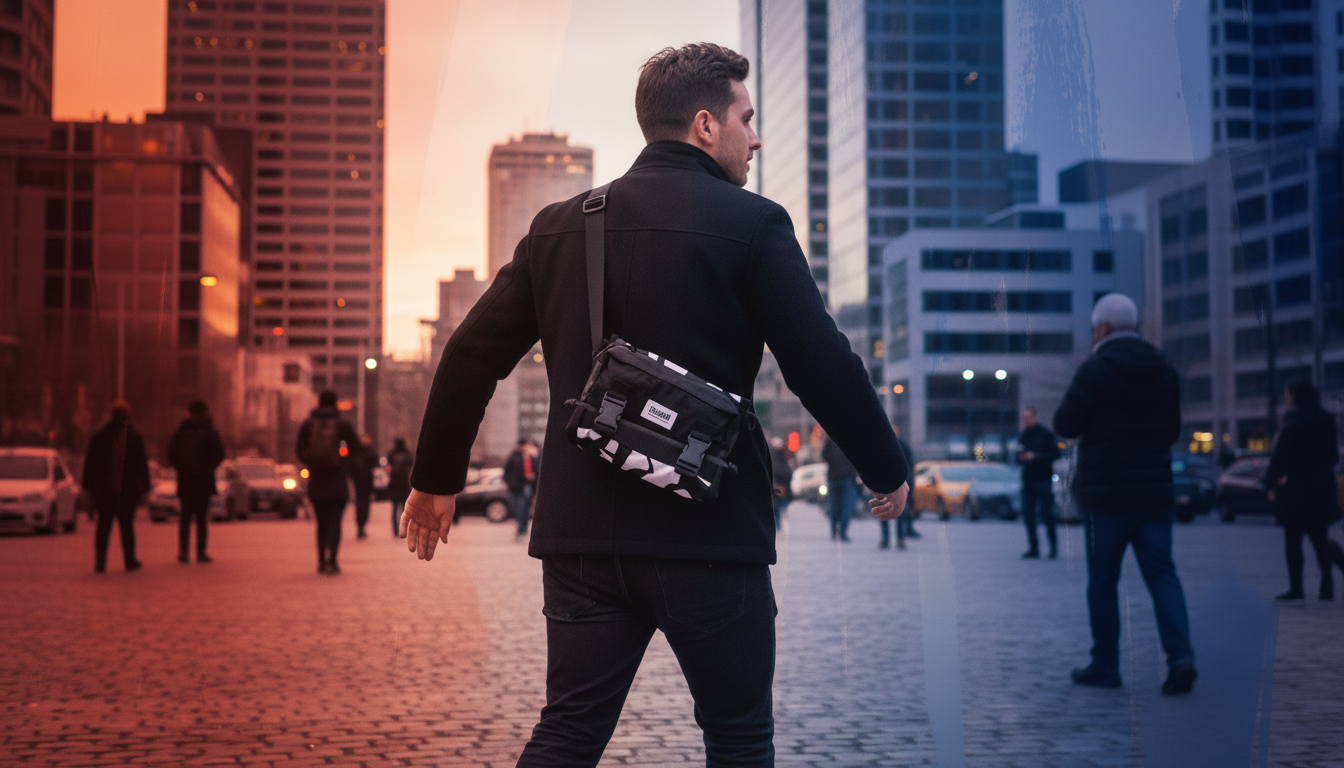 A man navigating a bustling city square with a colorful Enganyo Convertible Travel Bag on his back, reflecting resilience and flexibility.