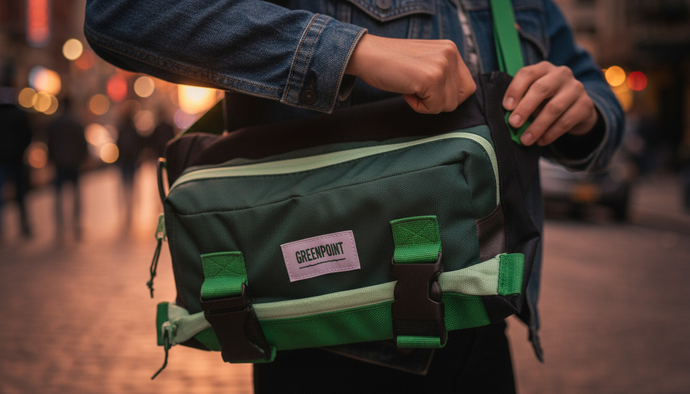 A woman converting her Enganyo bag from a backpack to crossbody in a bustling city scene at sunset.