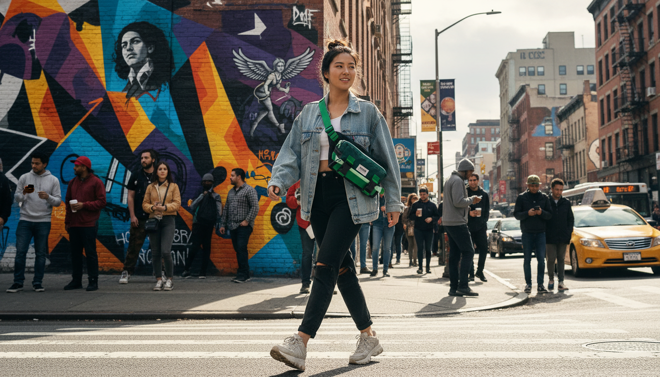 A person in an urban setting wearing a lightweight backpack, showcasing its versatility and style.