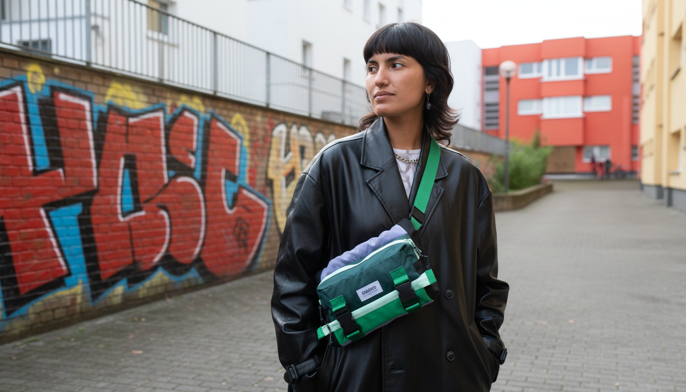 Everyday crossbody bag in a vibrant urban setting