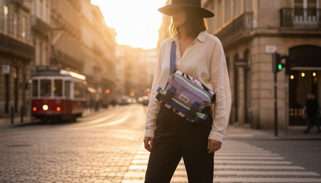 Woman at a crosswalk with a colorful Enganyo Convertible Bag on her shoulder, ready to step forward into adventures.