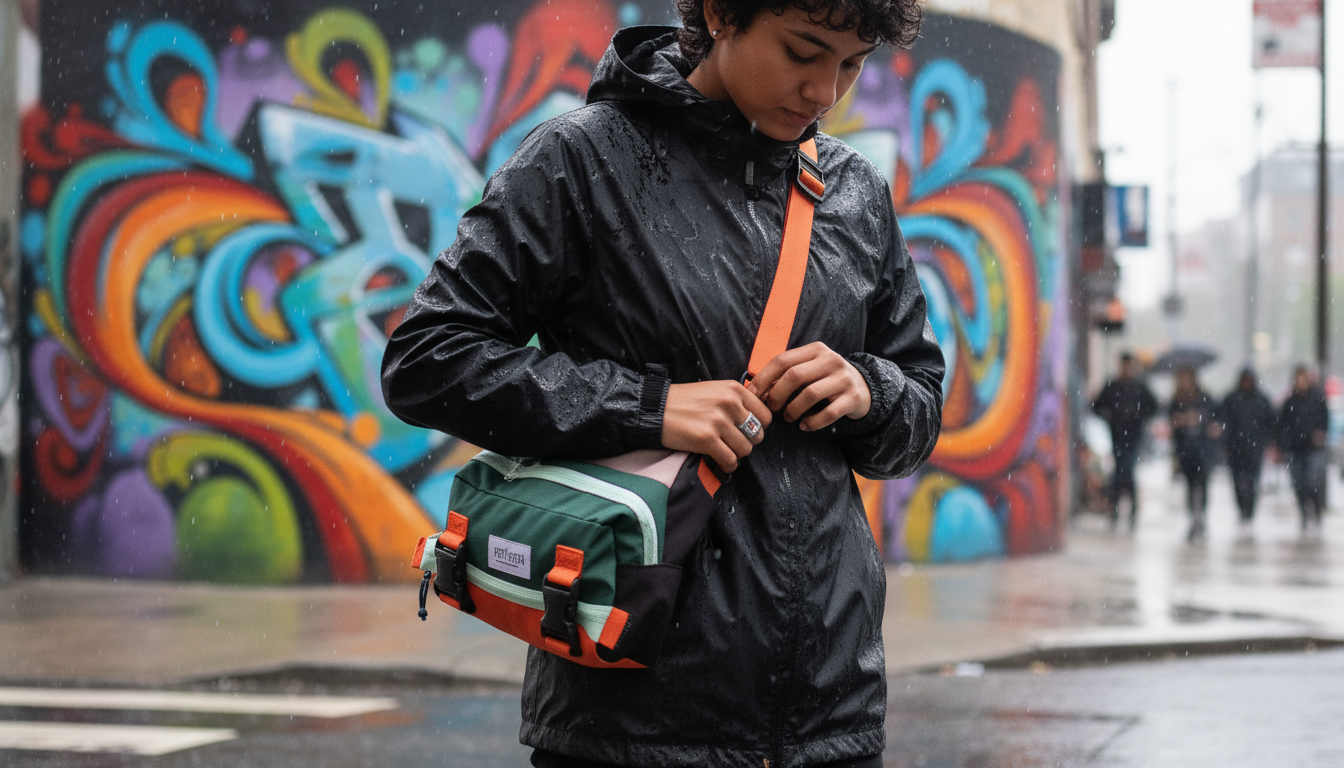 Urban explorer with convertible crossbody backpack on a vividly graffitied city street corner