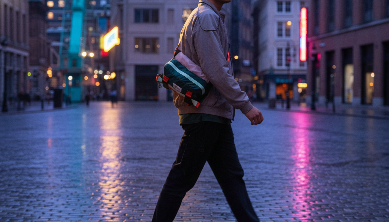 Person wearing a convertible sling bag in a neon city plaza, crossbody and backpack pose blended