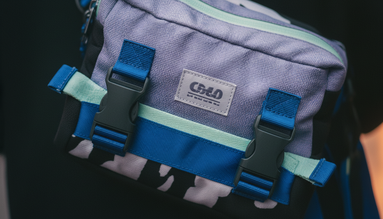 person on a wet city street wearing the Enganyo convertible bag in crossbody mode