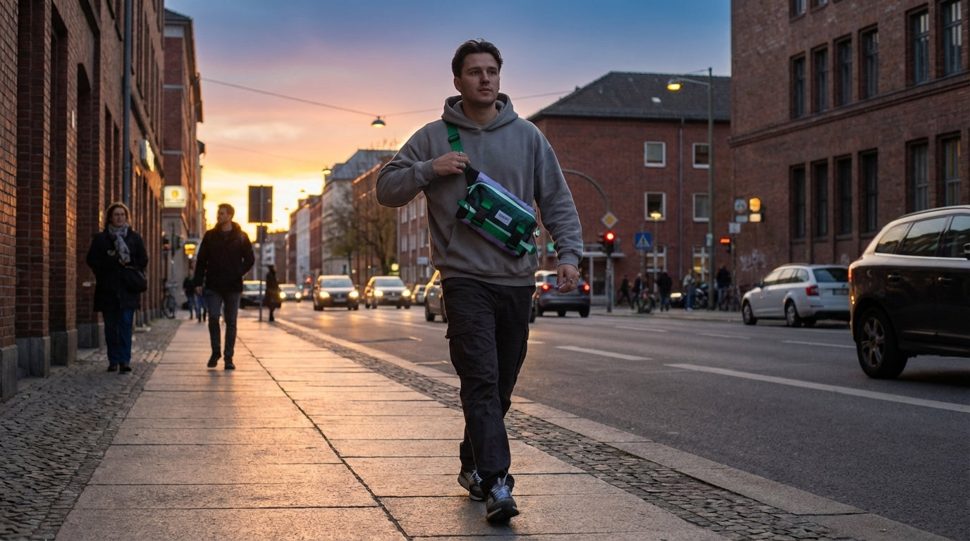 Urban street dweller changing the form of their Enganyo bag from crossbody to backpack while walking.