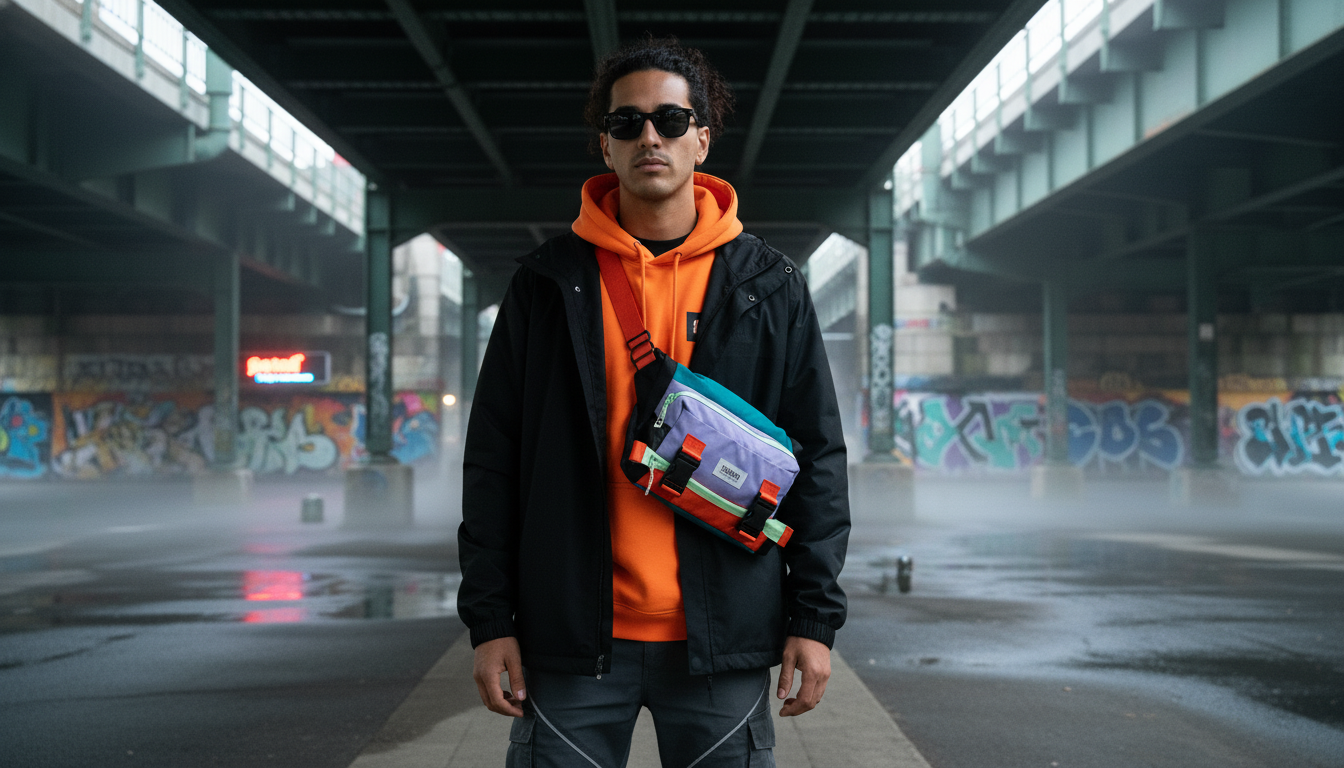 Waterproof crossbody bag in an urban setting with vibrant street art